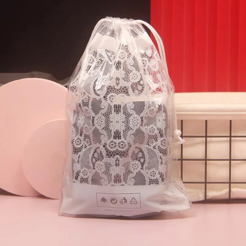 

50pcs White Lace Pattern Storage Bag Travel Plastic Drawstring Bags for Clothes Swimwear Towel Underwear