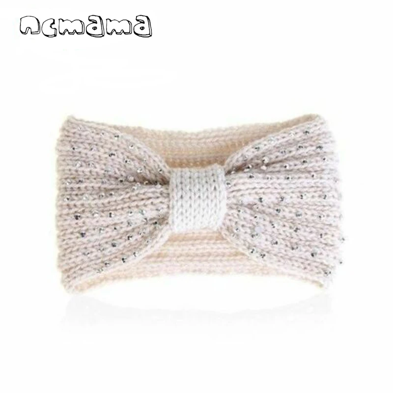 

2020 New Winter Warmer Ear Knitted Headband Bow Rhinestine Headwear For Women Girls European Solid Turban Hair Band Head Warp