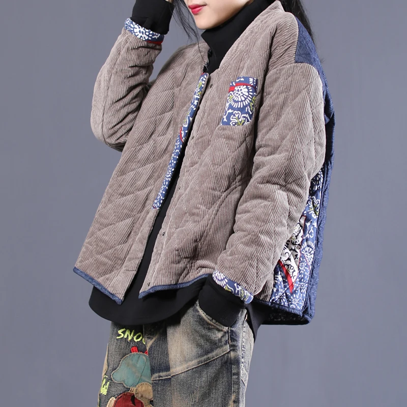 

2019 female new autumn and winter korean style Literary diamond shape corduroy stitching cotton loose short outerwear