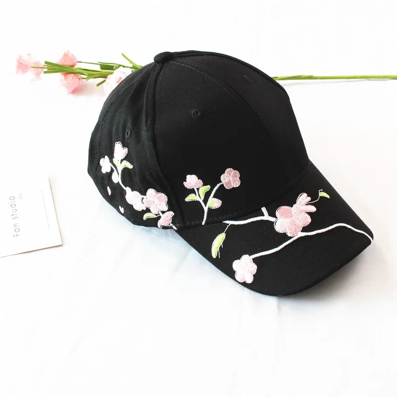 JK Korean Flower Embroidery Baseball Caps Women Girl Cute Plum Outdoor Long Brim Sun Visor Hats Cotton Adjustable Sports Cap