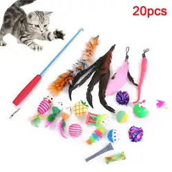 20 шт Pet Дразнилка для кошек растягивающаяся палка колокольчик мяч кукла мышка перо игрушки для игр