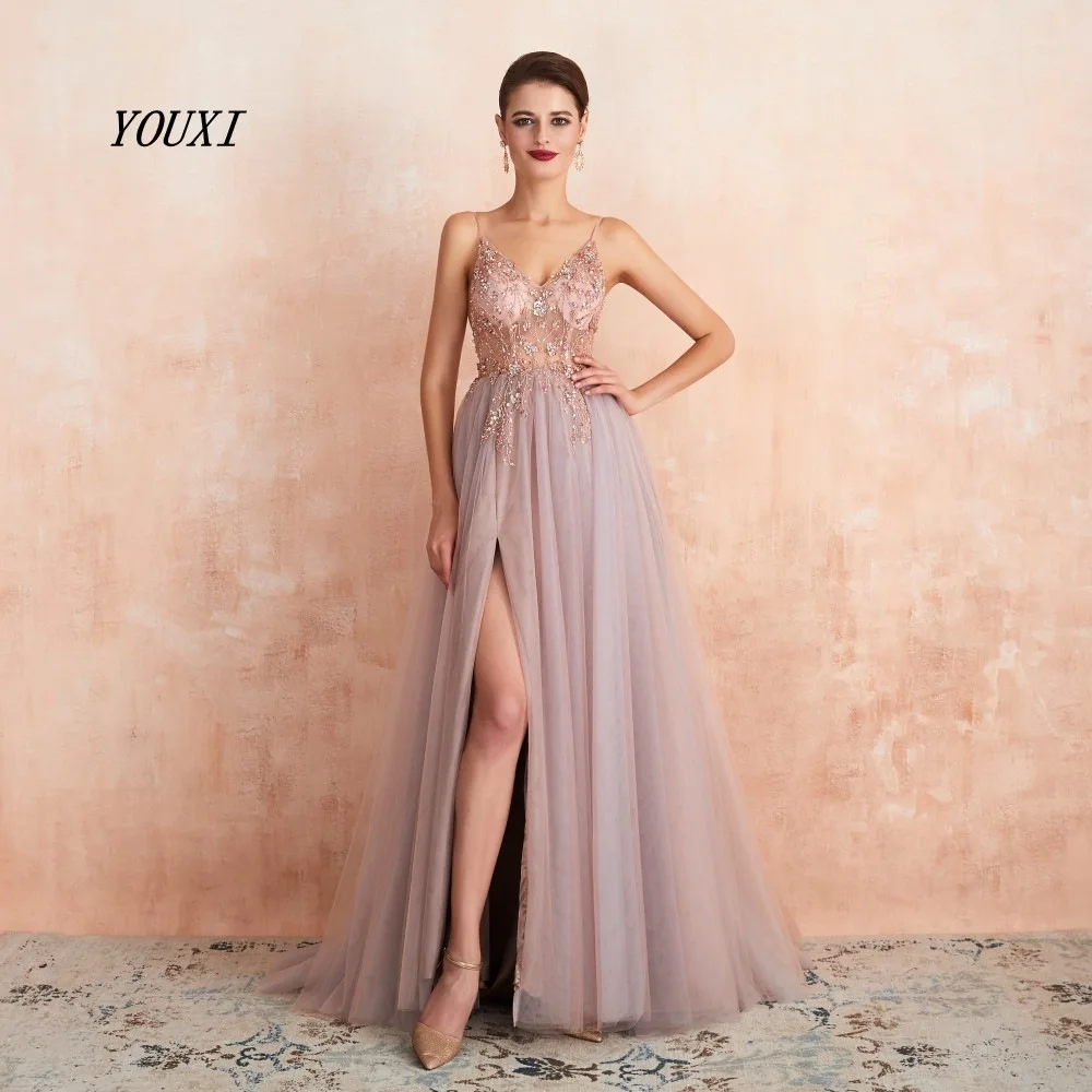 dusty pink Сексуальные вечерние платья на тонких бретельках, Новое поступление, v-образный вырез, стразы, бисероплетение, вечерние платья с разрезом, robe de soiree - Цвет: dusty pink