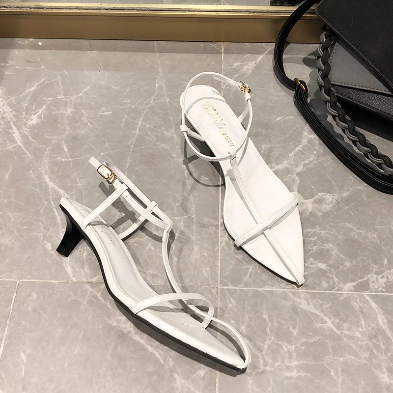 Women Sandals Thin Low Heels Pointed Open Toe Ankle Strap Summer