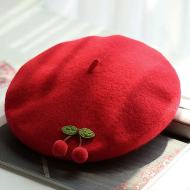 Японский винтажный ручной работы Вишневый шерстяной берет сладкий темперамент берет живописца шляпа декоративная шляпа