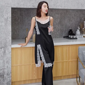

Sexy Sleepwear Suit Female Elegant Lace Satin Pajamas One Size 2 Pcs Vest+Long Pants Pyjamas Women Silk Pijama Sets Home Wear