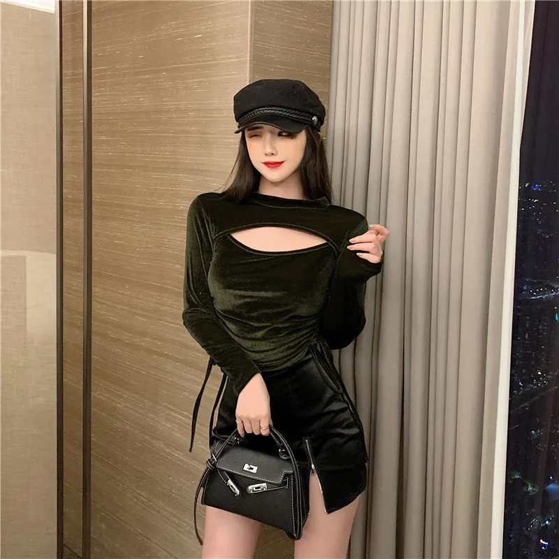 Lychee Harajuku, однотонная бархатная женская футболка, футболка с завязками, женские пуловеры, топы, сексуальные осенние женские футболки, футболки