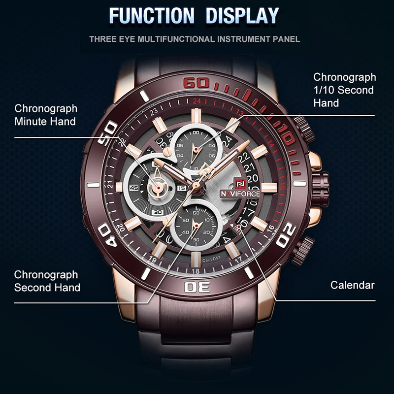 NAVIFORCE Men’s Watches Waterproof Steel Quartz Watch Men Military Chronograph Sport Wrist Watch Male Clock Relogio Masculino