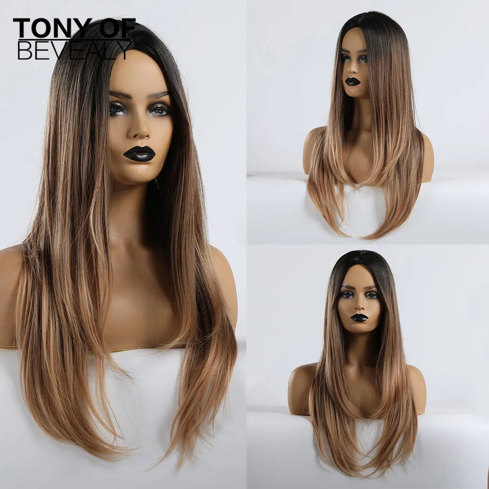 Длинные прямые синтетические парики с челкой коричневые парики для черных женщин натуральные парики на каждый день термостойкие волокна накладные волосы - Цвет: lc189-3
