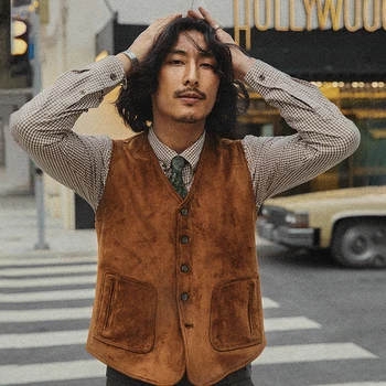 

men vest American retro deerskin tooling vest Autumn and winter heavy casual suit vest vest Distressed overalls men suits vest