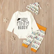 Белая Изысканная детская одежда из хлопка с круглым вырезом; осенняя одежда для мальчиков; топы для рыбалки и охоты; комбинезон; штаны; шапка; комплект одежды в рыбацком стиле;