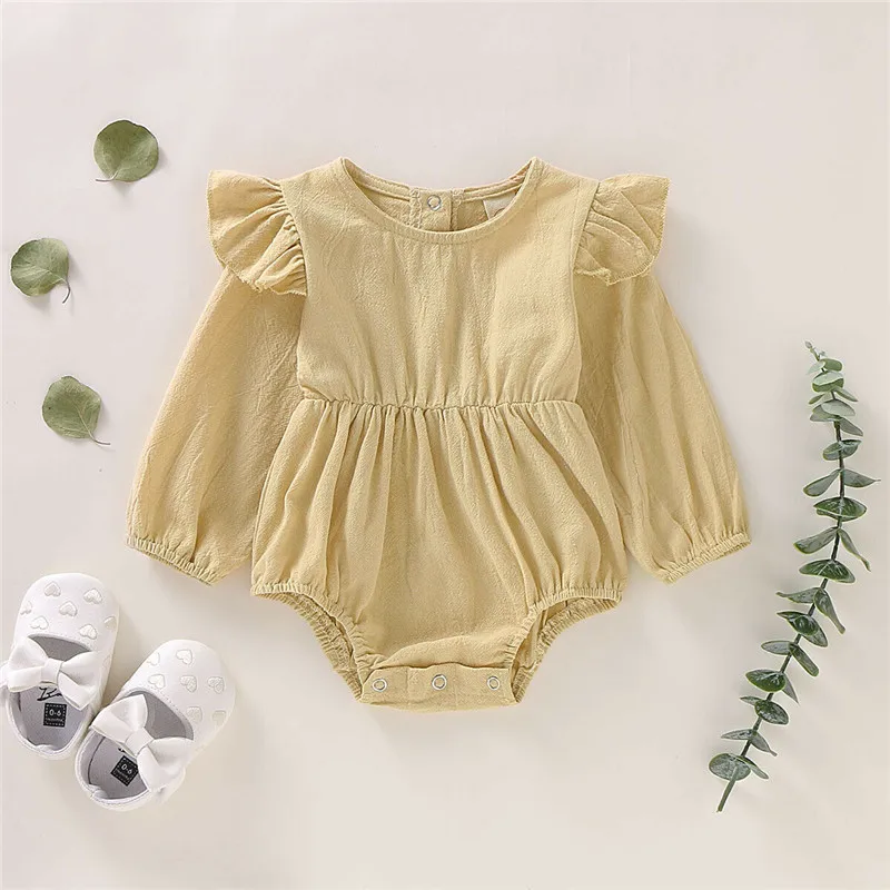 Одежда для малышей; детские комбинезоны Демисезонный с рюшами, сплошной цвет, с длинными рукавами и комбинезон, боди для малышей, комплект в стиле «Принцесса»; одежда для детей 0-24 м