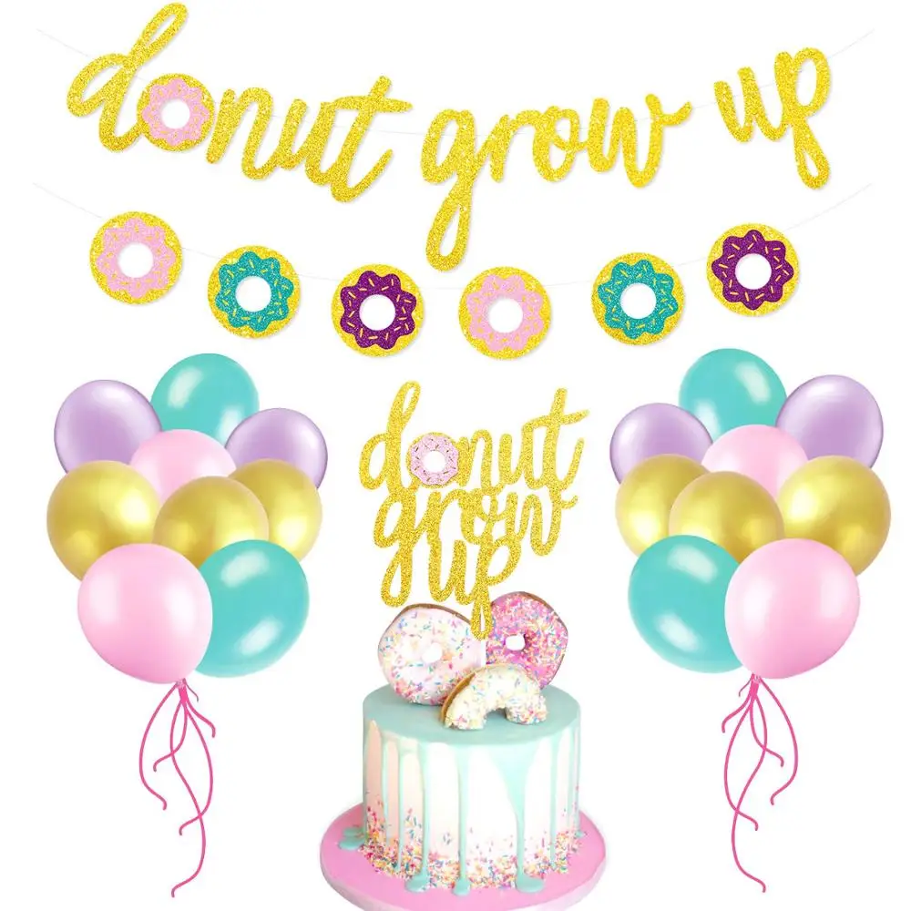 

Glitter Donut Party Favors Set-Donut Grow Up Banner,Cake Topper,Balloons -Kids Party Event Decorations