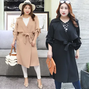 

Casual Loose Pockets Womens LongTrench Coats Full Sleeve Turn-down Collar Designer Coats Plus Size Solid Sashes Women Tops
