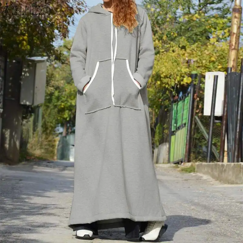 Осенний пуловер с длинными рукавами ZANZEA с капюшоном длинное макси Vestidos женское платье-Толстовка повседневное однотонное платье с капюшоном женские платья