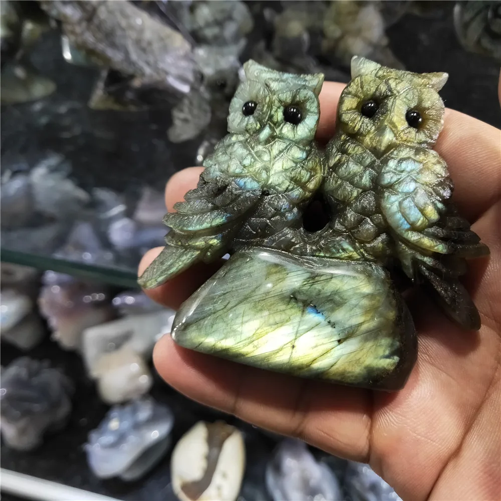 1pcs AAAA Natural gem crystal elongate stone carving animal owl natural pull feldspar unicorn healing home decoration luster