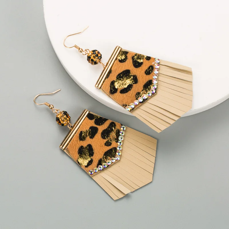 Crystal Gold Stamping Leopard Print Colorful Leather Tassels Dangle Earrings