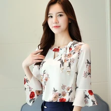  Summer Tops For Women 2021 Flare Sleeve V-neck Pullover Chiffon Women Tops and Blouses Bow Print Casual Shirts Women Blusas D278 