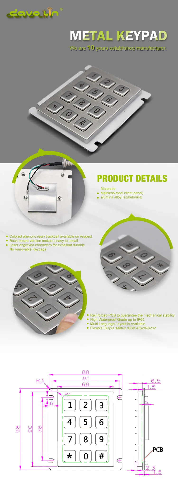 Teclado de telefone ip65 com 12 teclas,