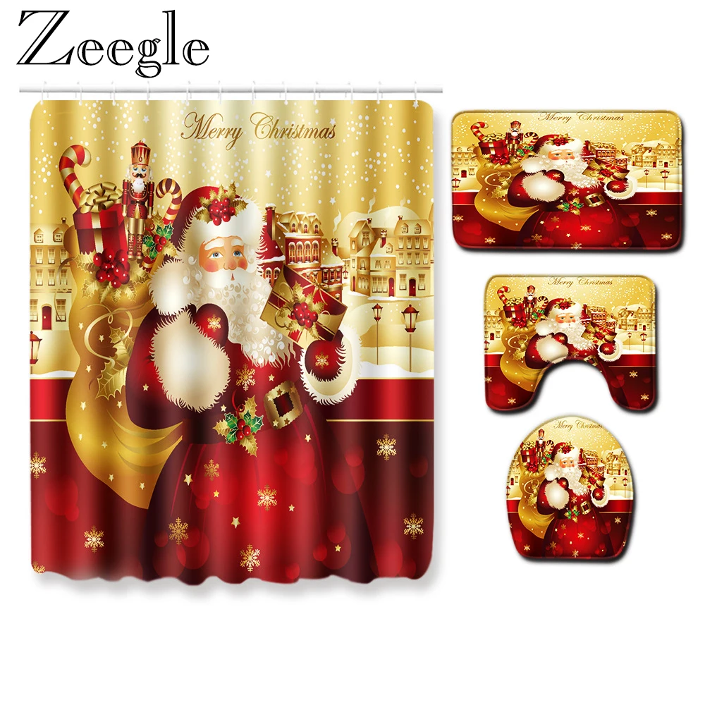 Zeegle Christmas Shower Curtain and Bath Mat Bathroom Carpet Waterproof Curtain Anti Slip Bathroom Carpets Soft 3pcs Toilet Set