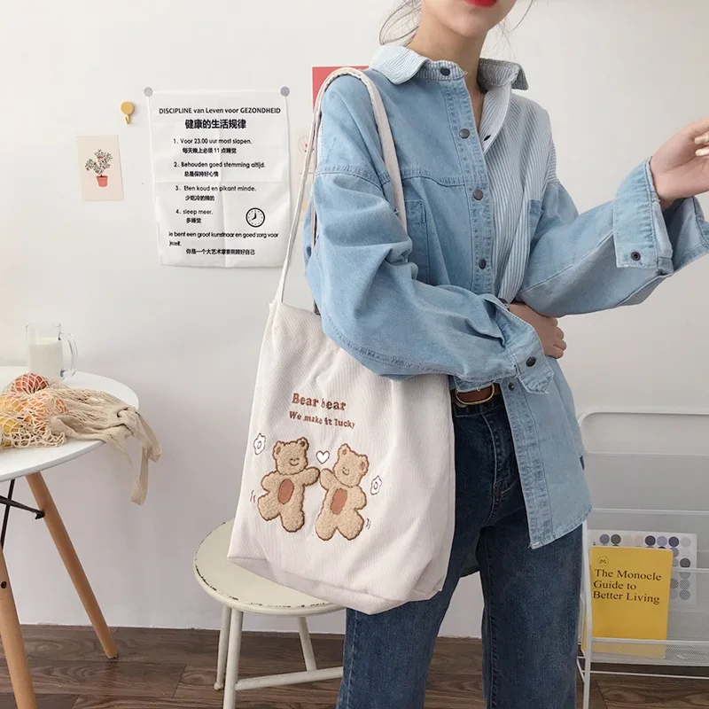 Women Corduroy Shoulder Bag Lucky Bears Embroidery Striped Canvas Handbag Eco Cloth Tote Cute Soft Shopping Bags Ladies canvas bag,women handbags