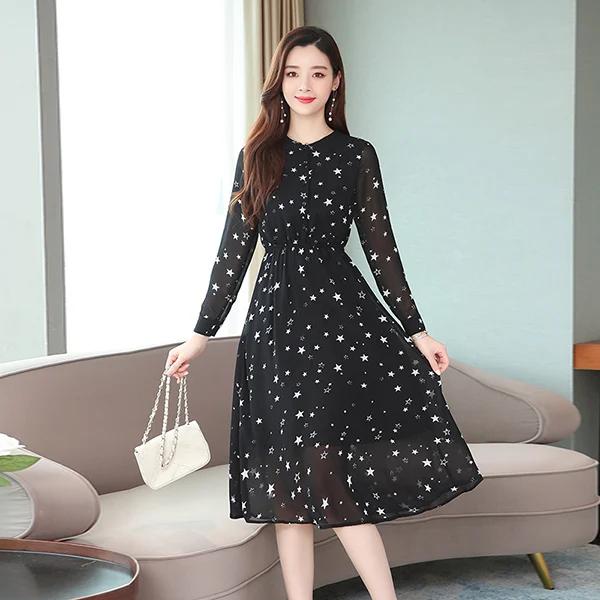 Vestido negro ajustado con estampado de estrellas para elegante vestido largo informal para y fiesta, moda Coreana de larga _ - AliExpress