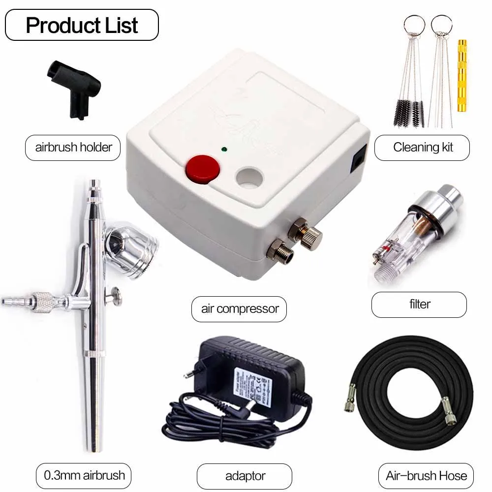 0,3 мм комплект аэрографа двойного действия с компрессором безвоздушного распылителя краскопульта для дизайна ногтей Краска для торта воздушная щетка чистый набор - Цвет: White 0.3mm