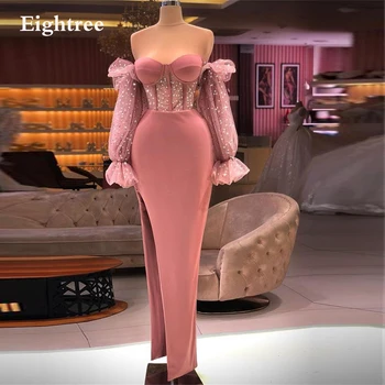 Eightree Dusty Pink Tulle Long Sleeve Evening Dresses Mermaid Exposed Boning High Slit Night Dress Party Gown Vestidos de festa 1