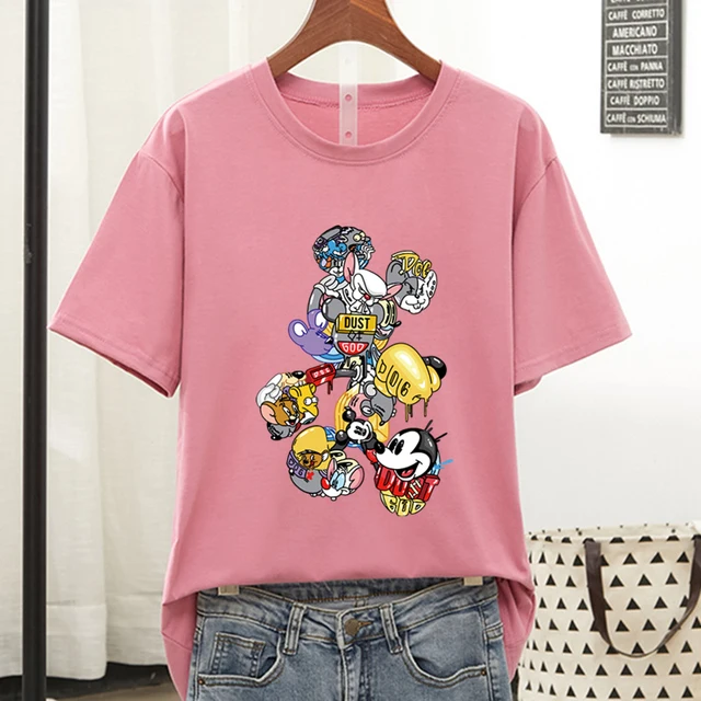 Disney Colorful Mickey Mouse T Shirt Women 2021 Summer Tshirt Graphic Tee Cool Women T-shirt Female Tee Shirt 90s Aesthetic Tops Light brick red