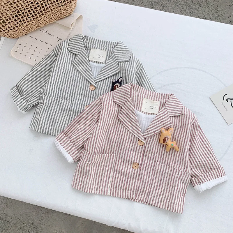 Spring Autumn Toddler Baby Boys Thin Coat Simple Single-breasted Turn Down Collar Striped Kids Outerwear Formal Clothes