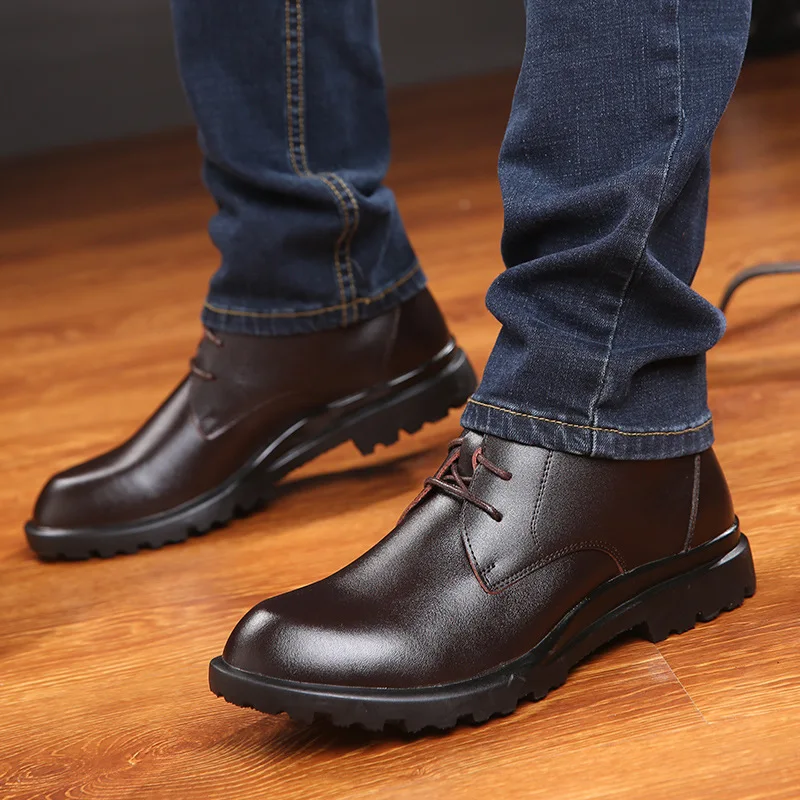 Warm Genuine Leather Men Boots Winter Big Size 38-49 Ankle Boots Men's Lace Up Comfortable Non-slip Male Fur Snow Boots H448