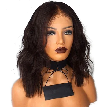 

Short Wavy Lace Front Wigs with Bangs Natural Wave Malaysian Remy Glueless Human Hair Wig with Bangs Natural Color Pre Plucked