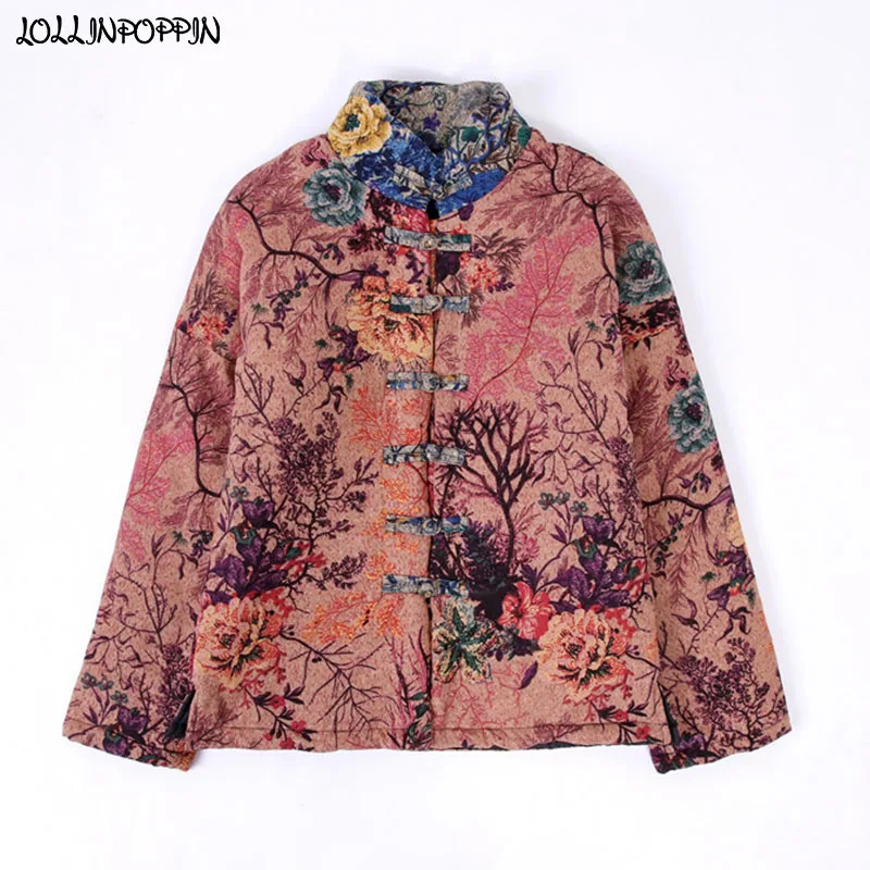 Винтажная Женская Стеганая куртка в китайском стиле, воротник-стойка, застежка в виде лягушки, Женская куртка с цветочным принтом, женская верхняя одежда