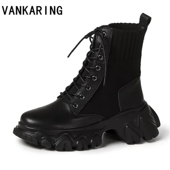 

casual lace up gothic platform high heel ankle boots woman shoes army black sock genuine leather boots women fashion botas mujer