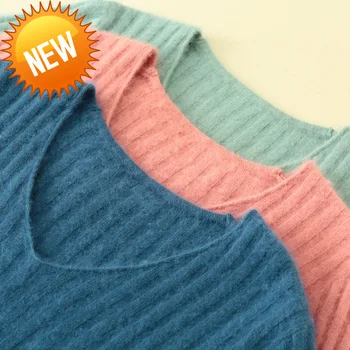 

mujer Jersey invierno Autumn Winter Knitted Women Tops V Neck Long Ruffled Sleeve Solid Women Sweaters and Pullovers