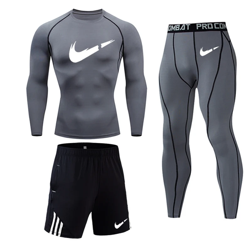 Men's Thermal Underwear Set Quick-drying Jogging Training T-shirt Leggings Gym Suit Rashgard Winter Men's Sportswear Sets - Цвет: 3pc sets