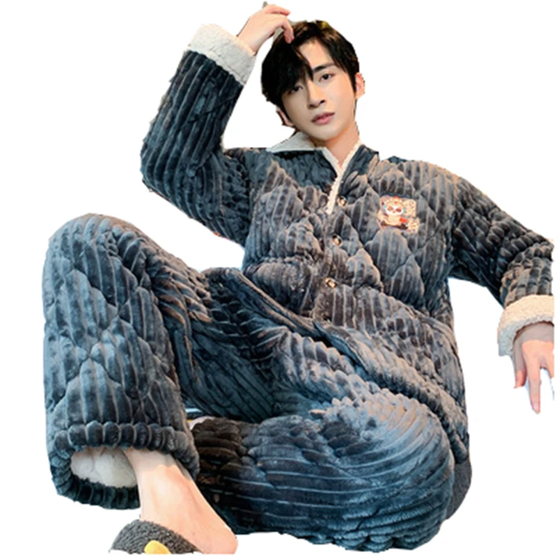 

Male Sets Winter Warm Two-Piece Suit Male Pajamas 2023 New Casual Large Size Three Layers Thicken Home Male Nightgown NBH535