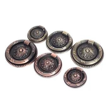 1set Antique Brass Furniture Door Ring 374555mm Pulls Handle Knob Round Ring Kitchen Cabinet Drawer Cupboard Handle Flower