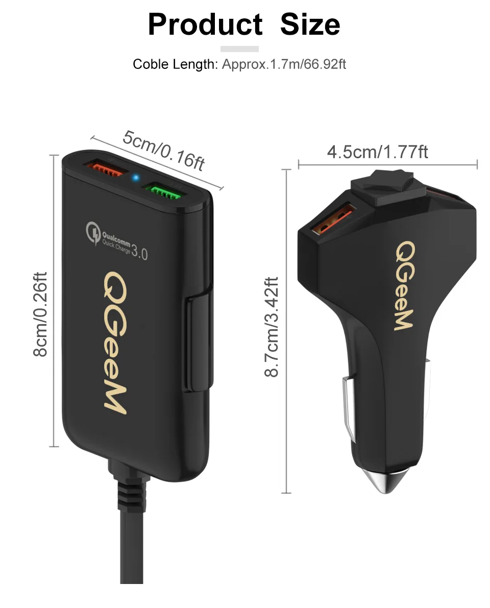 QGEEM 4 USB Автомобильное зарядное устройство для iPhone Quick Charge 3,0 Автомобильное портативное зарядное устройство молоток Передняя Задняя QC3.0 Быстрая зарядка для телефона автомобильное зарядное устройство