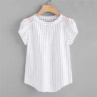 Fashion Blouses Striped Print Shirt Tops Hollow Out Short Butterfly Sleeve Blouse Top Solid Summer Casual Women Shirts Tunic 1
