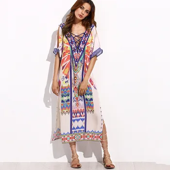 

2020 New Women Lace Up V Neck Beach Dress Bohemia Bikini Cover Up Robe De Plage Bathing Suit Cover Ups Pareos De Playa Mujer