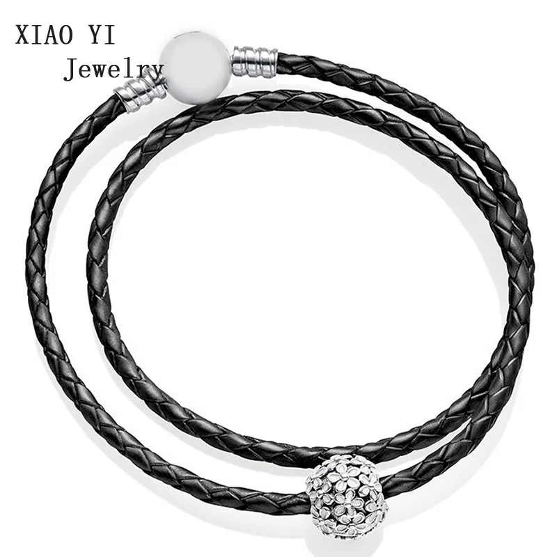 

XIAOYI jewelry 100% pure silver 791494EN12 590745CIW twinklingtemperament black flower leather double ring bracelet fashion gift