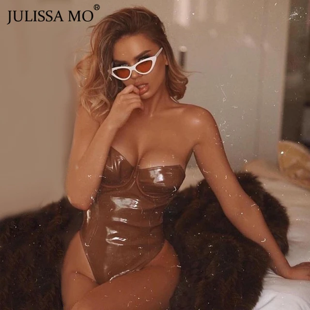 Julissa Mo Red Pu Leather Sexy Strapless Bodysuit Women Sleeveless Backless  Jumpsuit Women Rompers Black Casual Body Mujer Femme - Bodysuits -  AliExpress