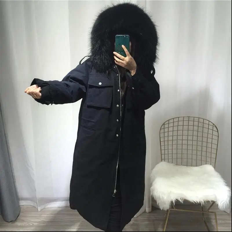 grand rеel naturel fourrure de raton laveur col ecpais chaud vers le bas Parka а capuche Long canard blc vers le bas veste