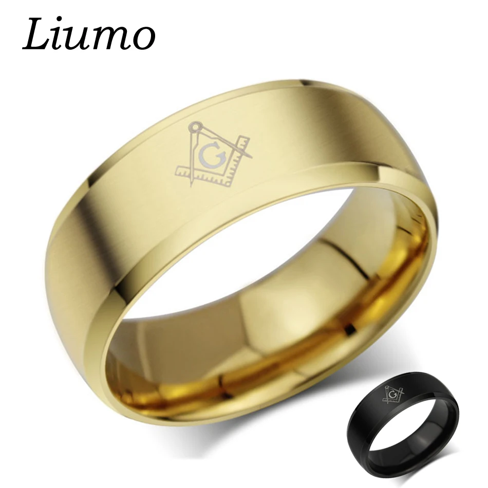 

Liumo Hot 8mm Gold Color Masonic 316L Stainless Steel Band Men Ring Cool Black Freemason Male Rings lr003