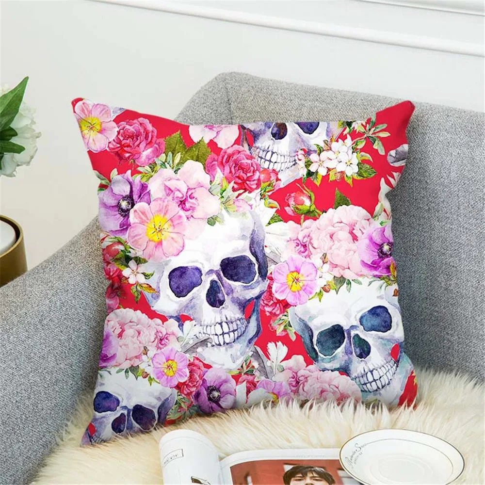 Sugar Skull Cushion Cover Coffee House Punk Skull Art Linen Blend Pillowcase Home Decorative Throw Cushion Pillow Case