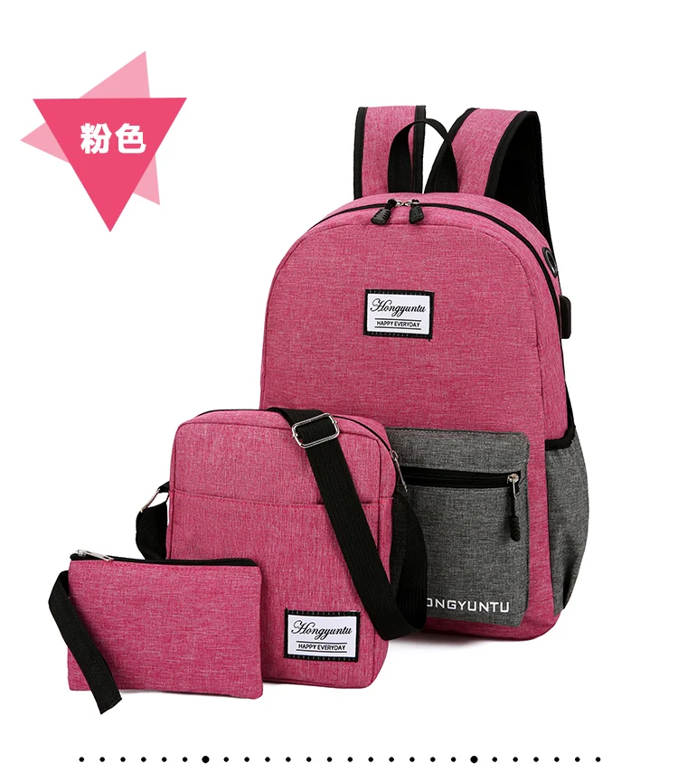 New 3 Pc/set Anti Theft Backpack Men Women Casual Backpack Travel School Laptop Canvas Backpack Student Book-Bags Sac A Dos - Цвет: pink