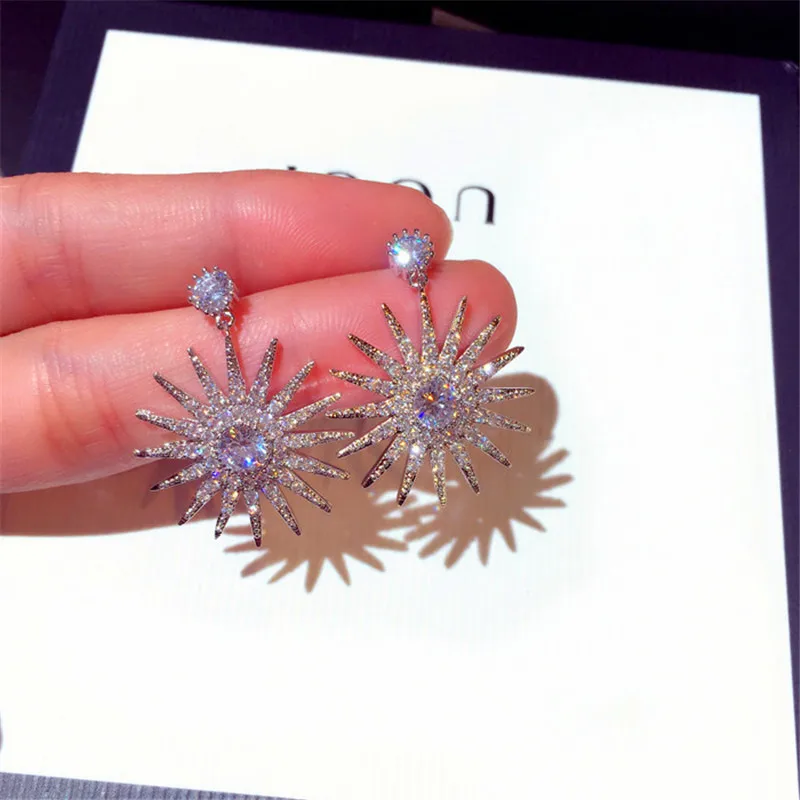 Роскошные женские серьги-гвоздики Подсолнух Кристалл 925 серебряные свадебные серьги винтажные Двойные серьги с цирконием для женщин