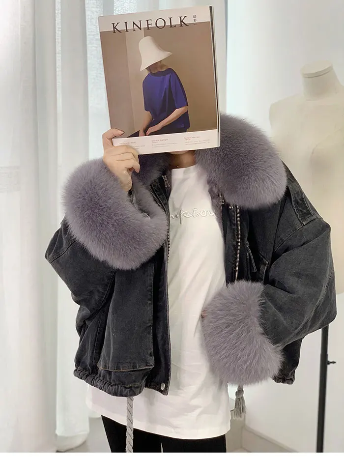 black gray fur Женская джинсовая куртка с меховым воротником из натурального Лисьего меха, настоящий мех кролика, зимняя женская теплая куртка, ветровка - Цвет: black gray fur