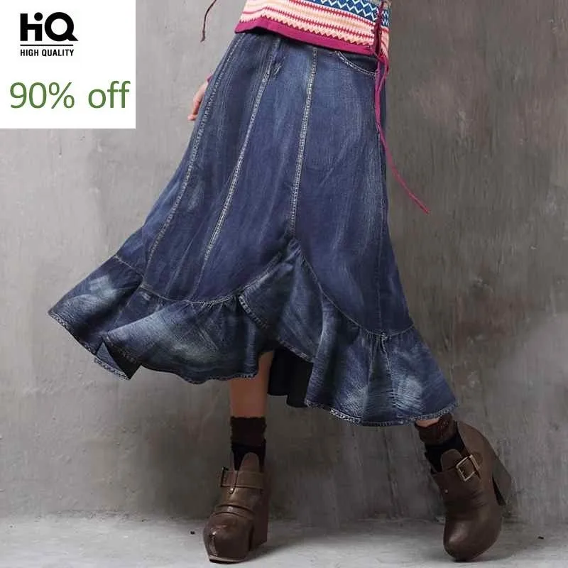 

Vintage Womens 2020 New Fashion High Waist A-Line Skirts Indie Folk Style Ruffles Female Denim Jean Skirts Prom Skirt Femme