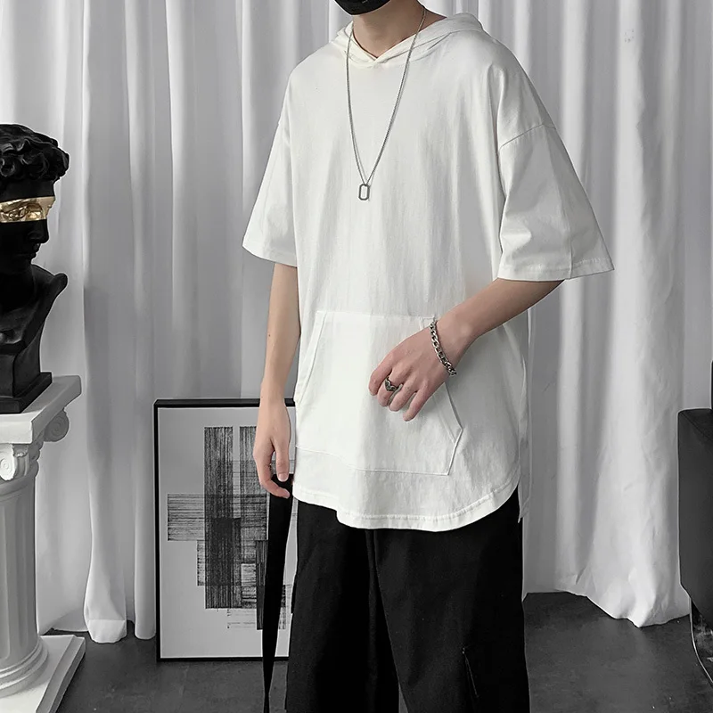 

Summer Hooded T Shirt Men's Fashion Solid Color Casual Short-sleeved T-shirt Men Streetwear Wild Loose Hip Hop Tshirt Mens